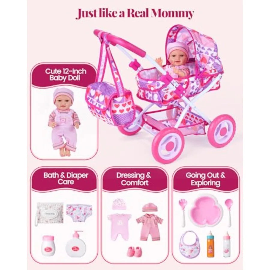 Folding Doll Pram Set With Baby Doll And 14 Accessories