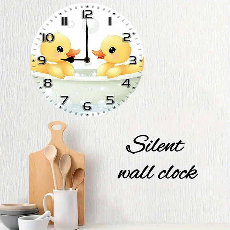 XMSJ Silent Wall Clock Duck Family Bubbles Veneer Battery Operated