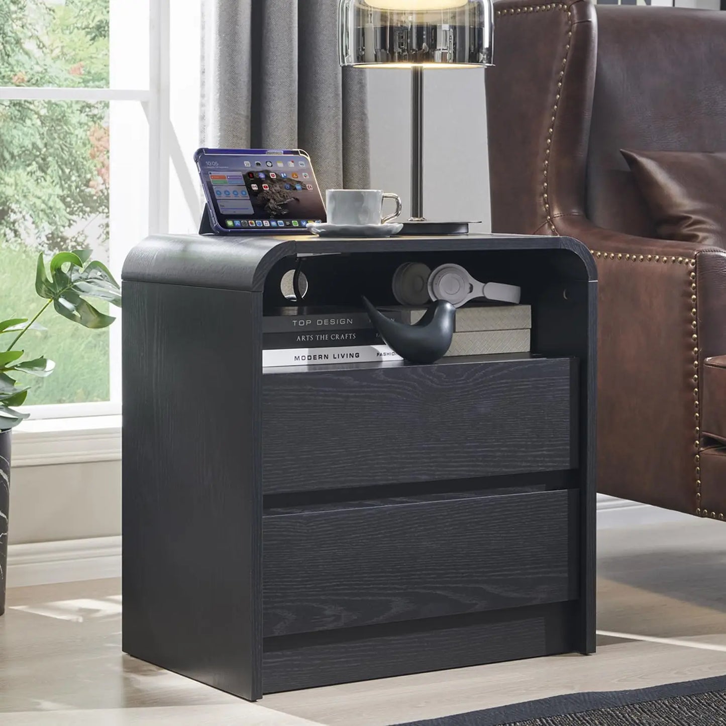 Wooden Nightstand With Charging Station And Two Storage Drawers