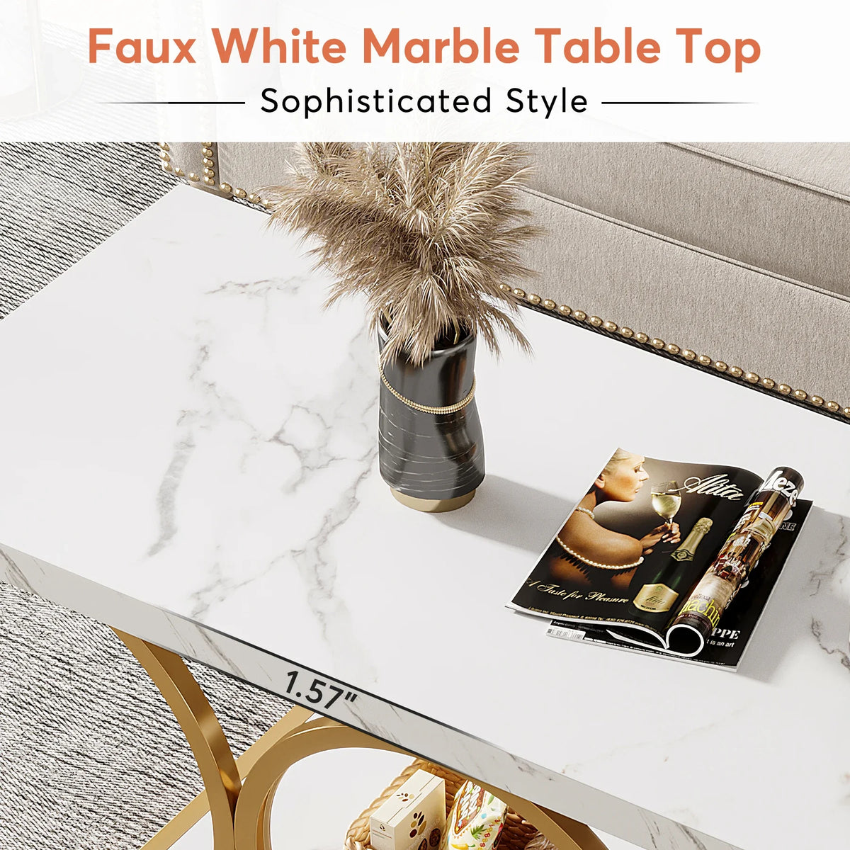 Tribesigns Modern Rectangle Coffee Table With Faux Marble Shelf