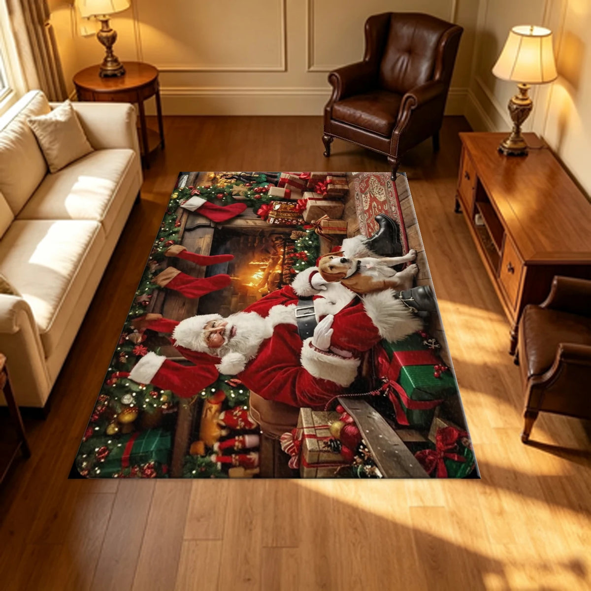 Christmas Fireplace Rug With Santa Claus And Dog Holiday Decor