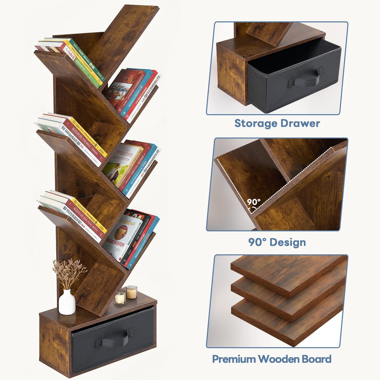 MCQ 7 Tier Tree Bookshelf With Drawer Corner Bookcase