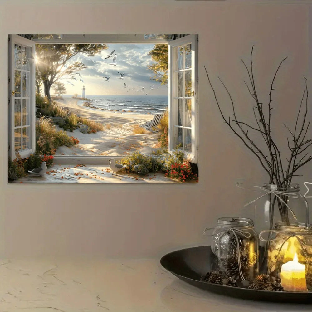 Coastal Lighthouse Seascape Canvas Art In Pine Frame