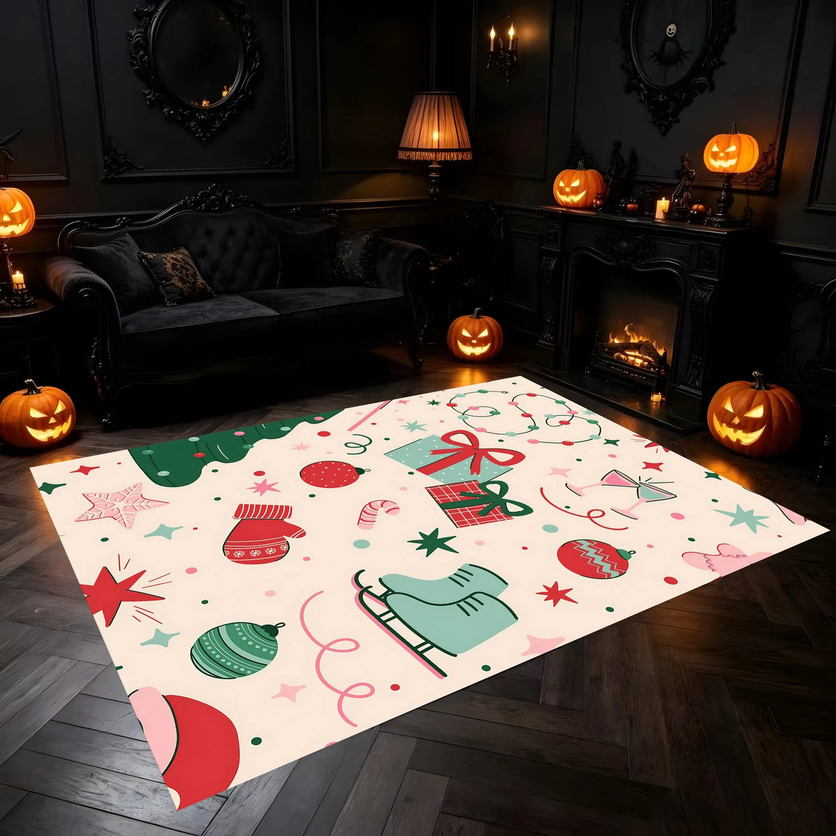 Cute Cartoon Christmas Velvet Area Rug For Living Room Bedroom