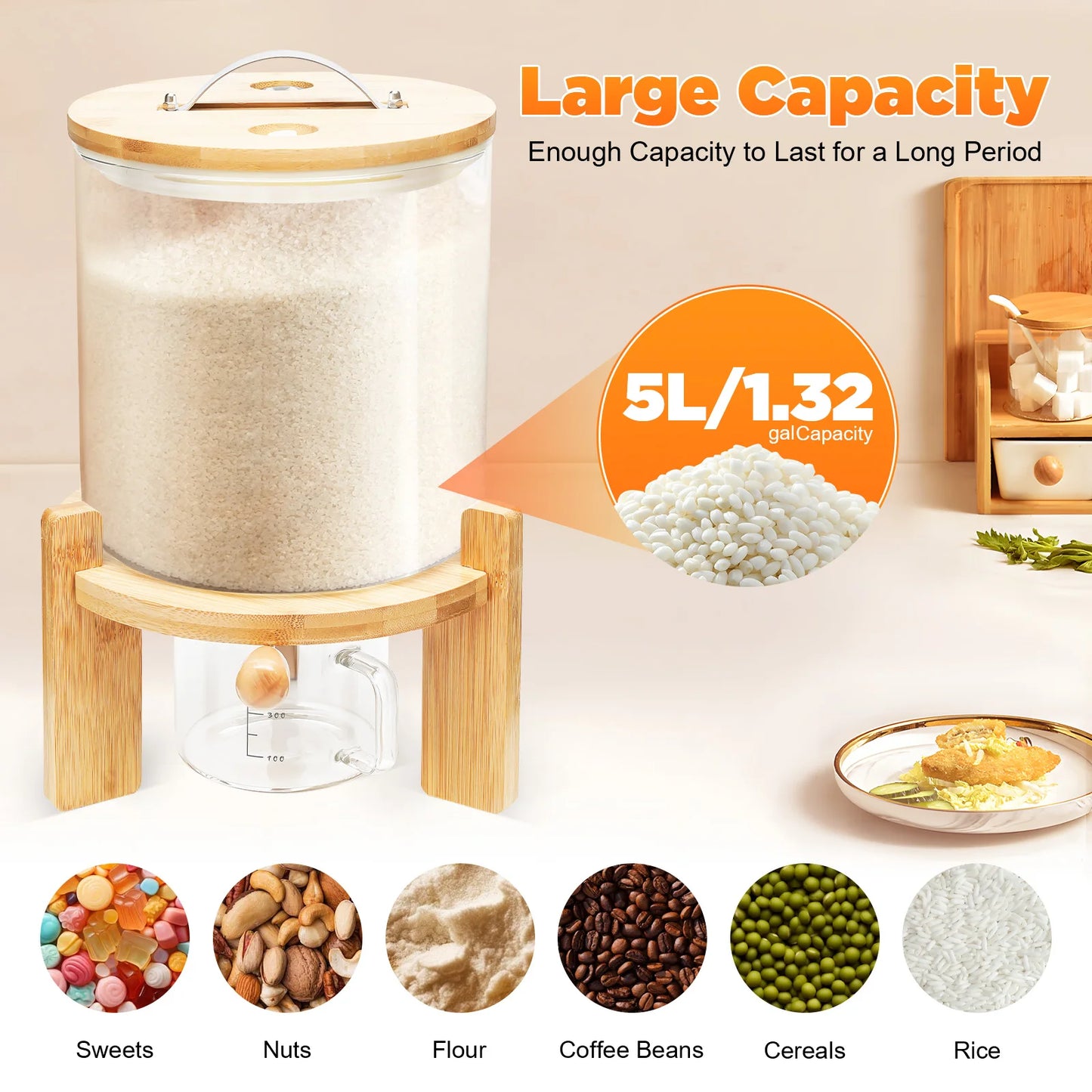 Glass Cereal Dispenser And Storage Container With Measuring Mug