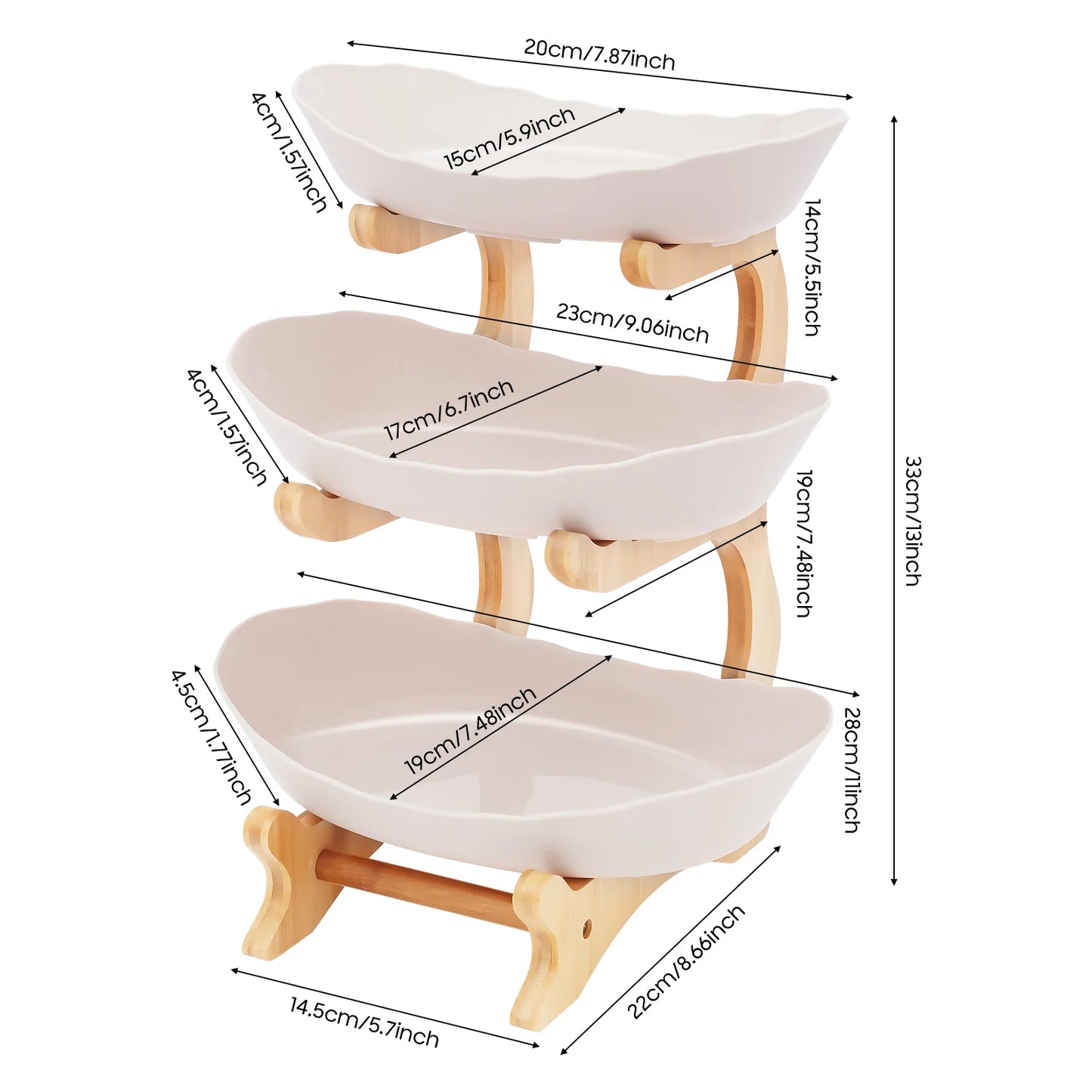 Three Tier Fruit Plate Stand With Bamboo Wood Base Dessert Tray