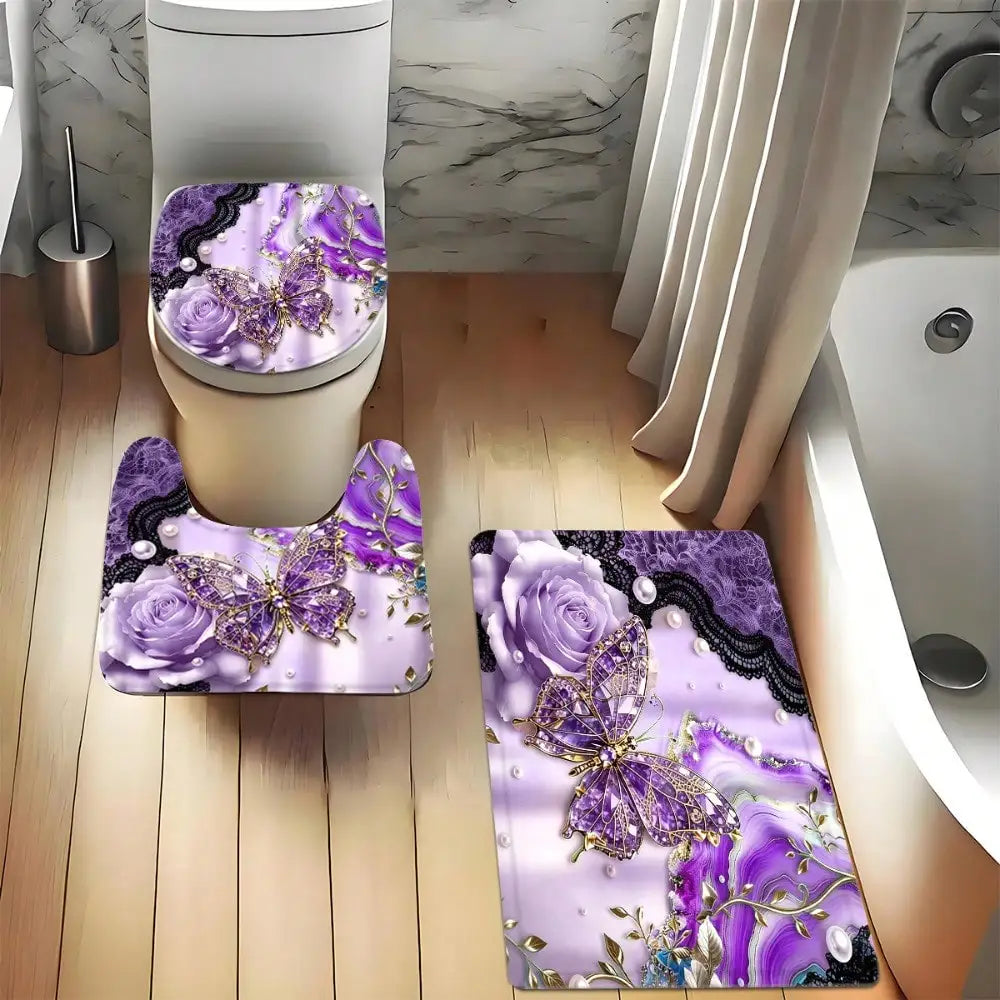 Marble Butterfly Shower Curtain Set With Anti Slip Lid