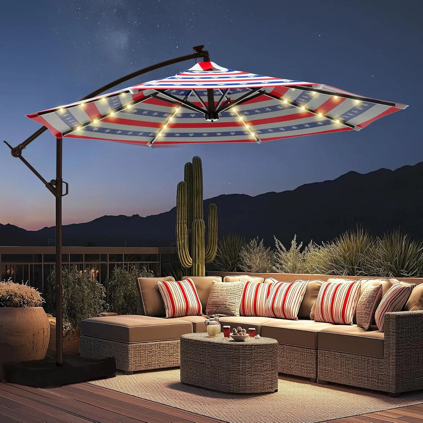 Solar Powered Offset Cantilever Umbrella With LED Lights And Base