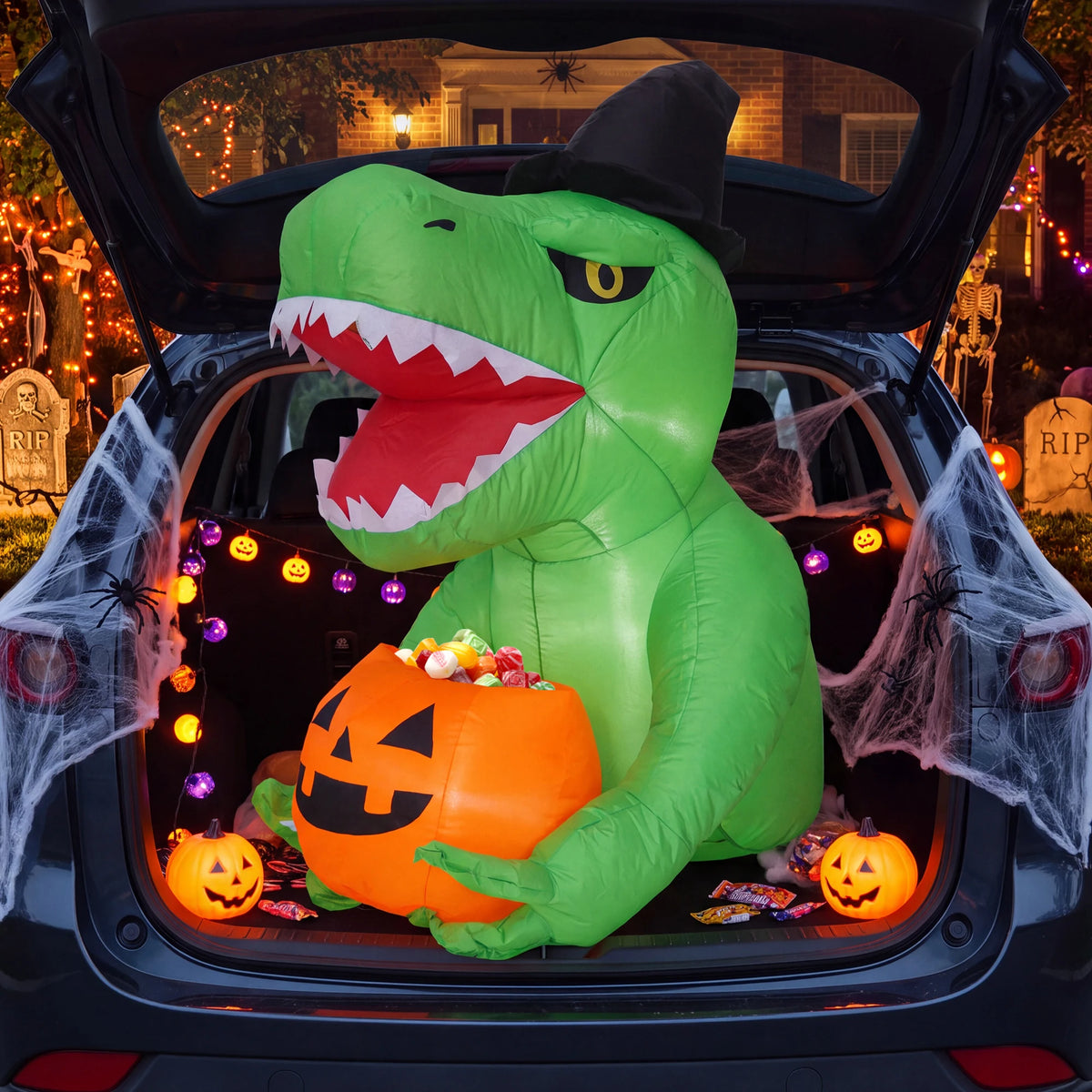 Animated Halloween Inflatable Dinosaur With Pumpkin LED Lights Outdoor Decoration