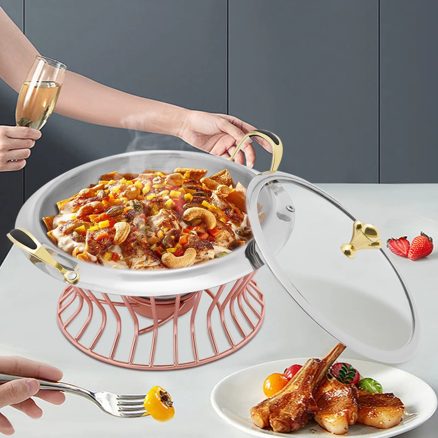 Stainless Steel Round Chafing Dish 24cm 2L Buffet Warmer With Fuel Holder