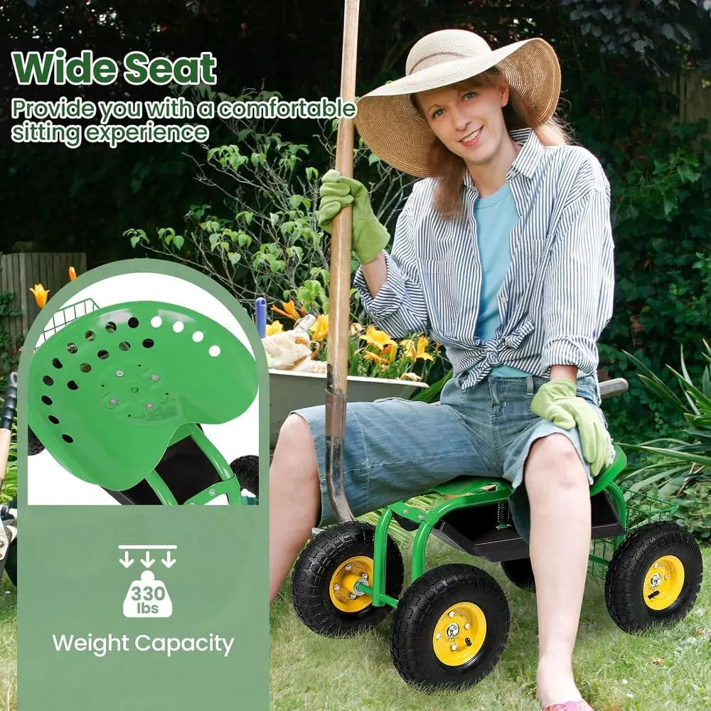 Adjustable Swivel Seat Rolling Garden Cart With Tool Tray And Basket Heavy Duty
