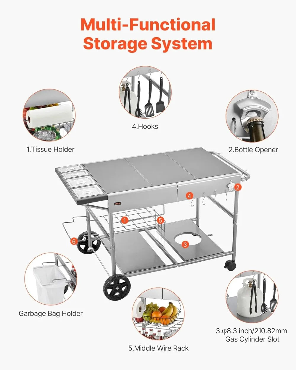 Outdoor Grill Cart With Wheels Movable BBQ Prep Table For Patio