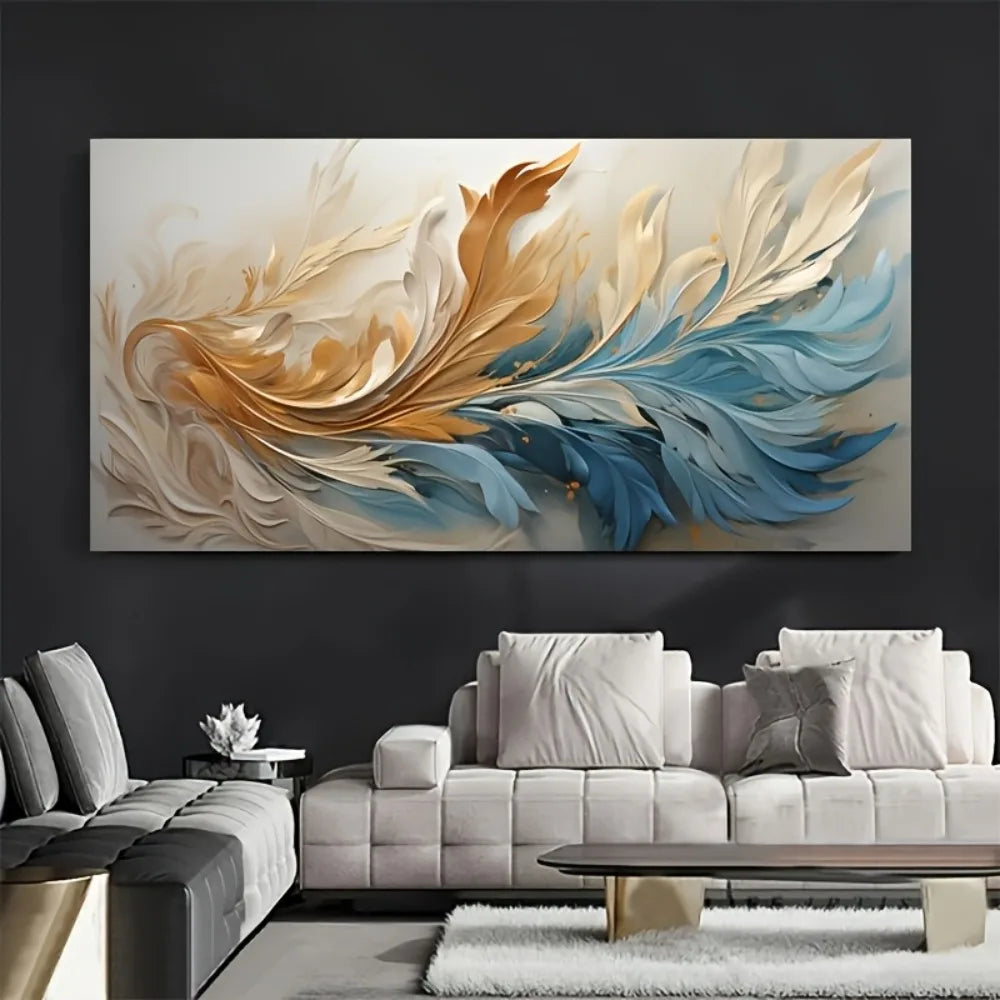 Modern Abstract Gold Feather Canvas ArModern Abstract Gold Feather Canvas At With Pine Wood Frame