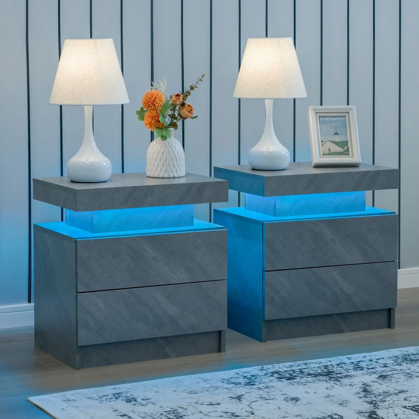 Cubehom Nightstand Set Of 2 With LED Drawers Bedside Table