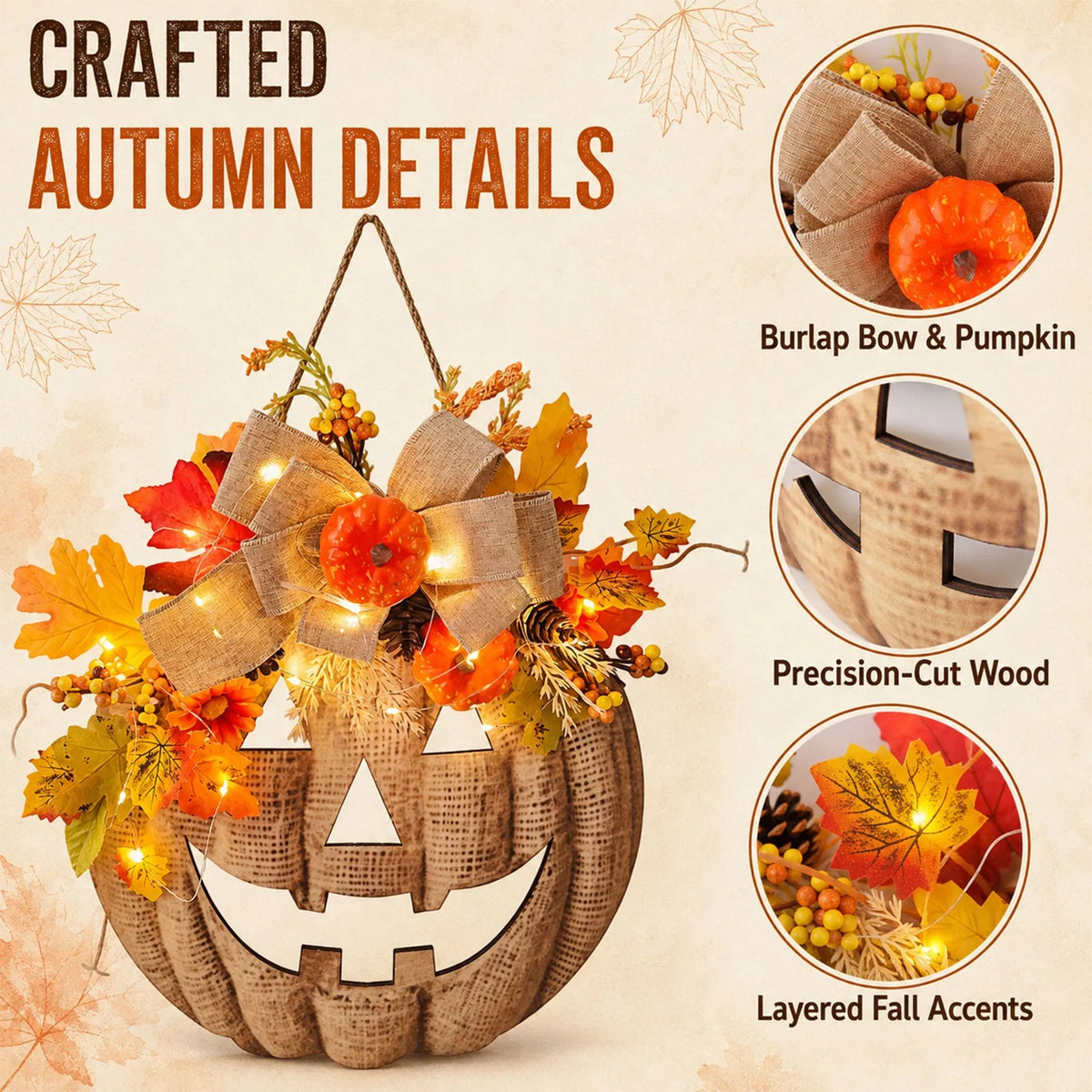 Lighted Burlap Pumpkin Wreath Halloween Door Hanging Decor