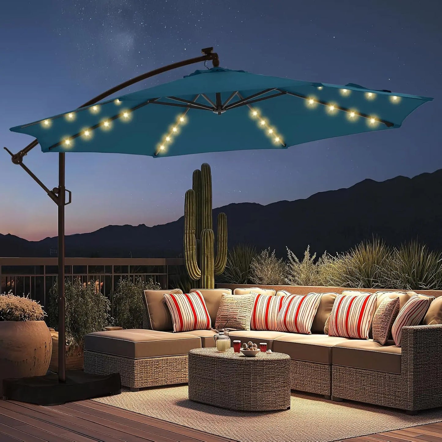 Solar Powered Offset Cantilever Umbrella With LED Lights And Base