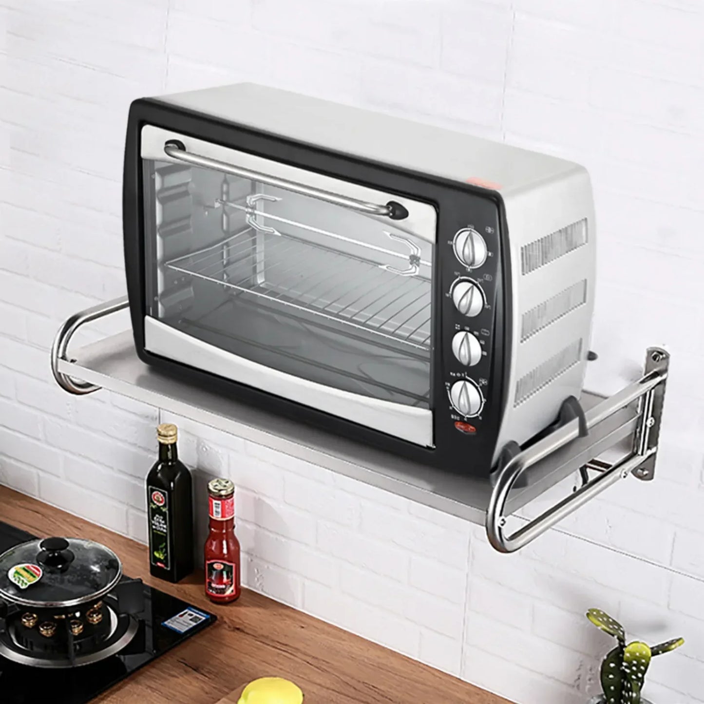 Stainless Steel Microwave Utensils Shelf Wall Mount With 6 Hooks