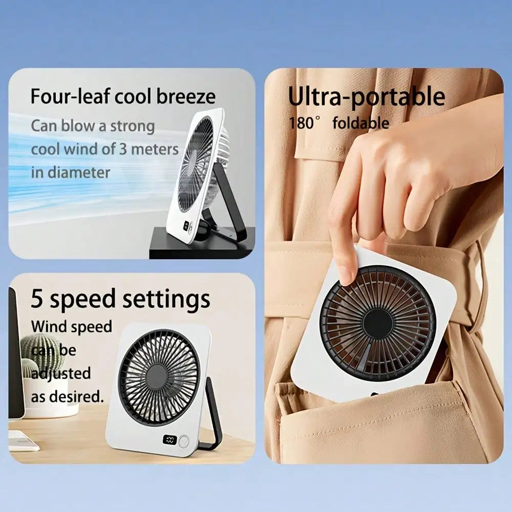 Rechargeable USB Mini Desktop Fan With Foldable Handle And 5 Speed Ultra Quiet
