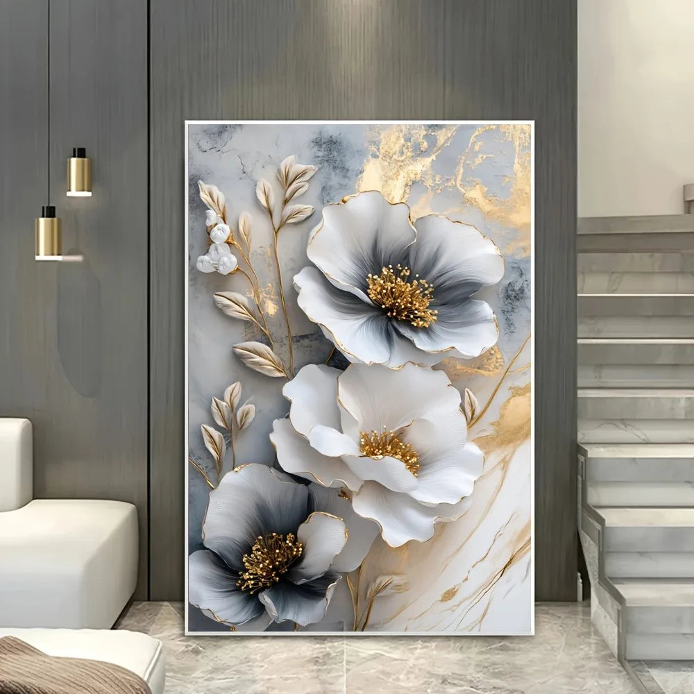 Modern Luxury Floral Canvas Mural Framed 3D Floral Painting for Bedroom Decor
