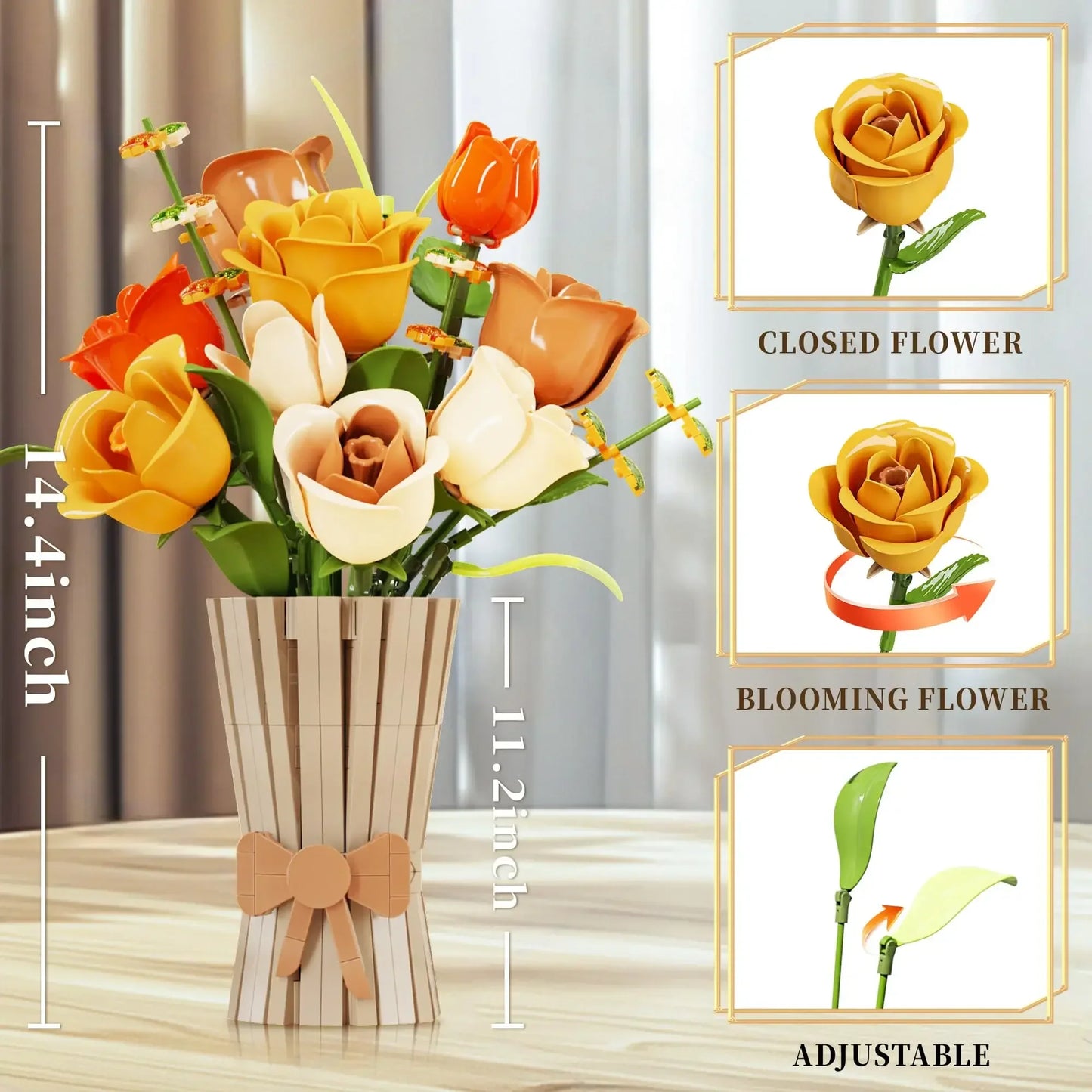 AmazingBloks Rose Bouquet Building Blocks Eternal Flower Vase