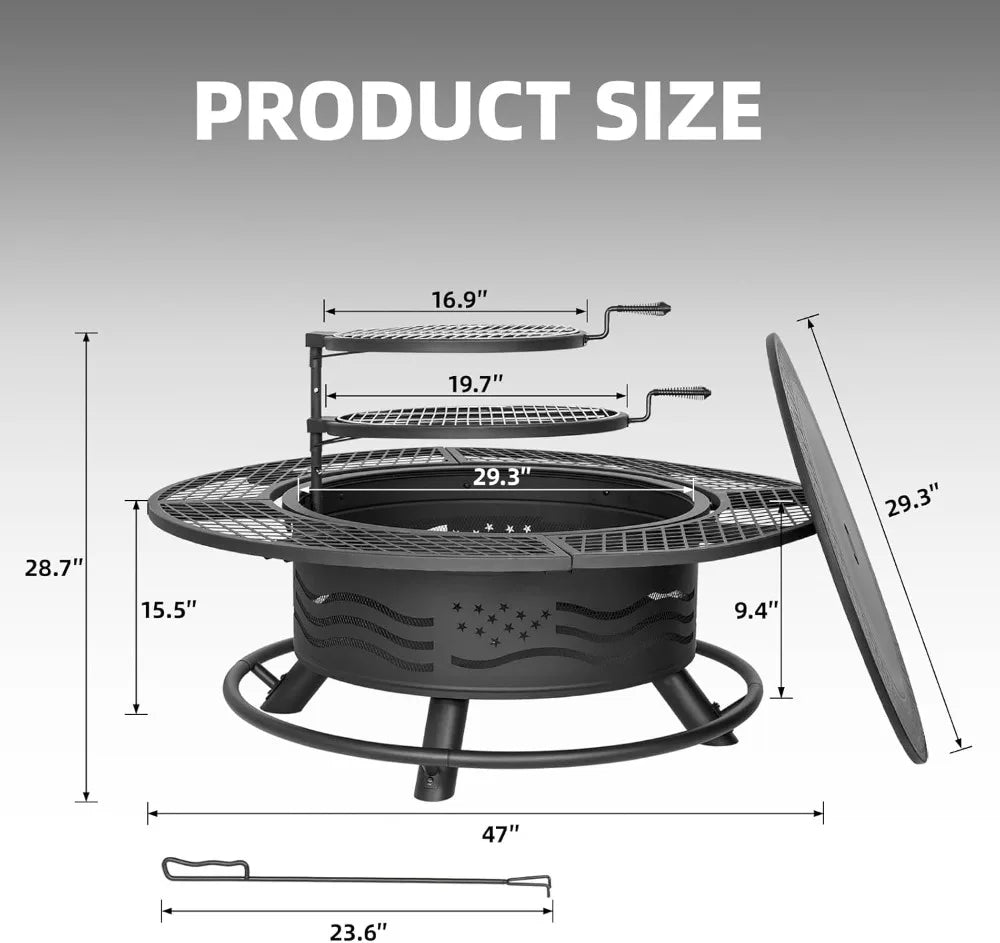 Outdoor Fire Pit With Dual Grates And Lid For Backyard
