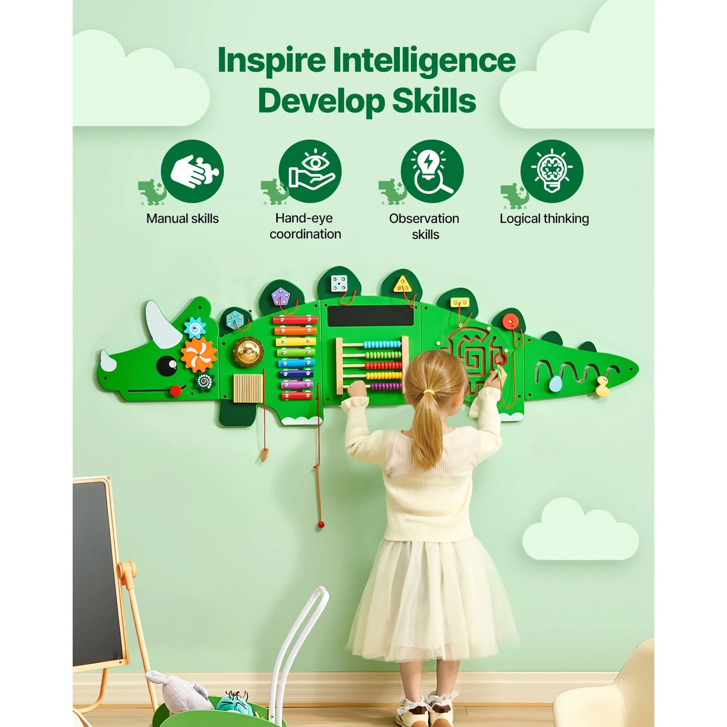 Dinosaur Kids Busy Wall Board With 11 Activity Panels Montessori Sensory Toy