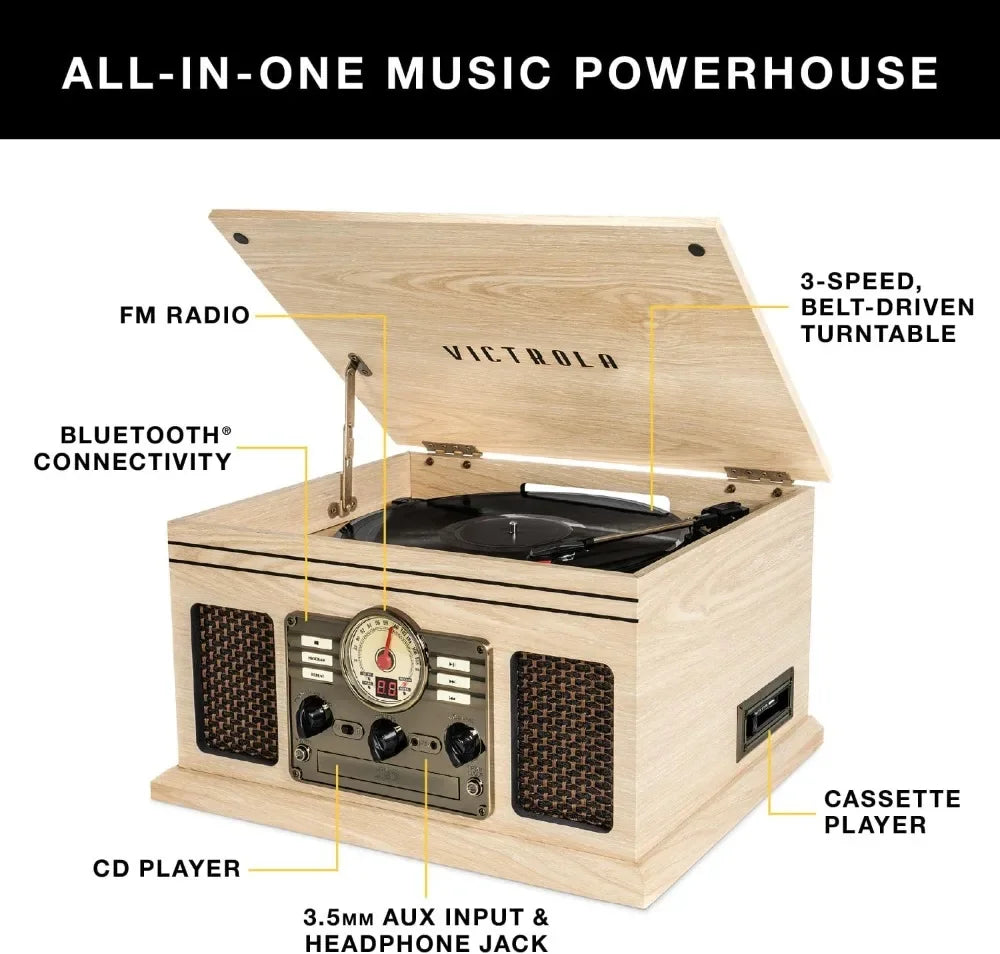 6 In 1 Bluetooth Record Player With Turntable Cassette Radio