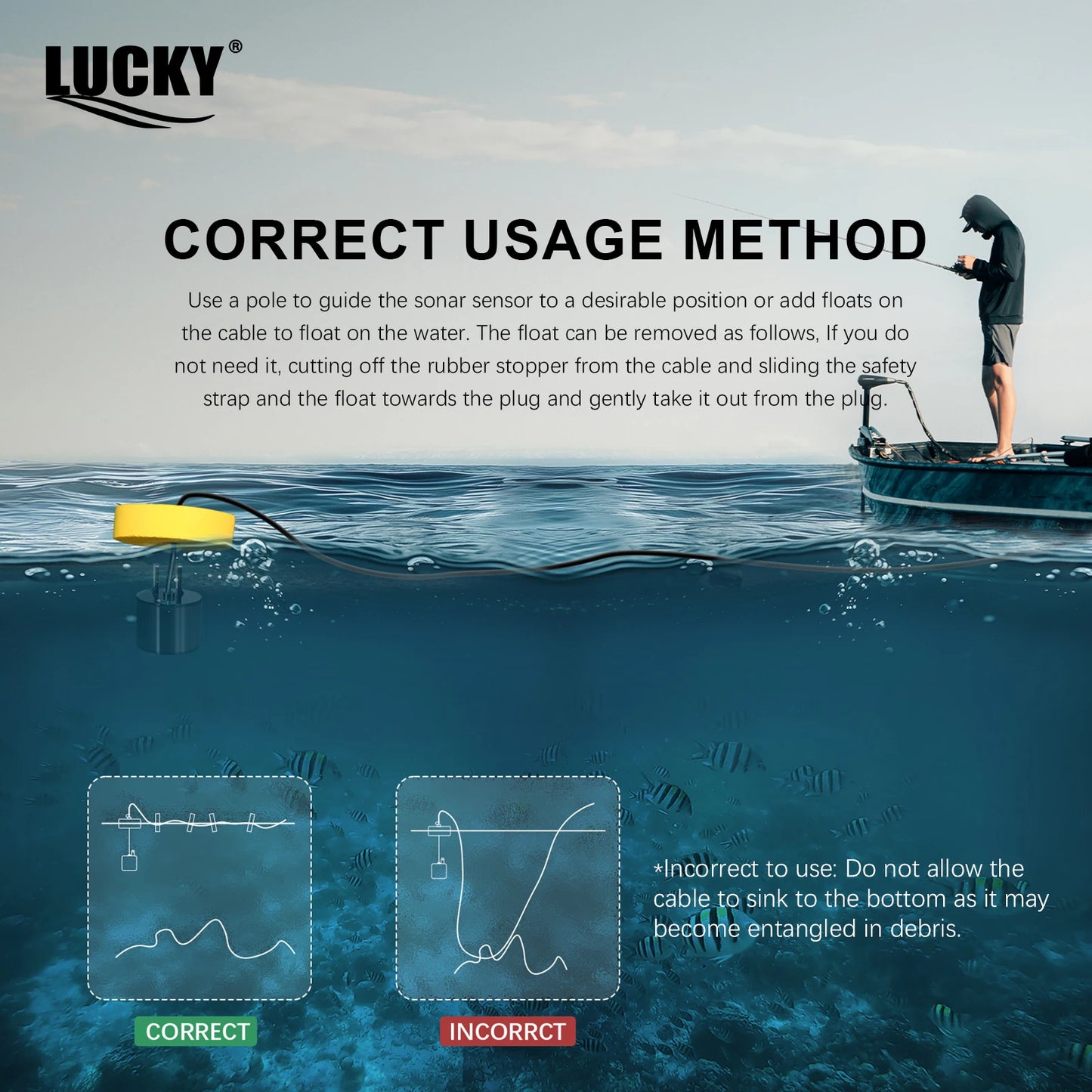 LuckyLaker Portable Sonar Fish Finder Alarm 100m Coverage 45 Degree