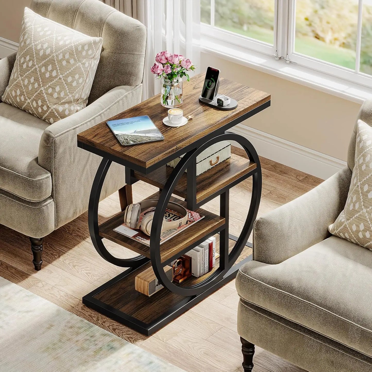 End Table Set Of 2 Timber And Metal Storage Shelves