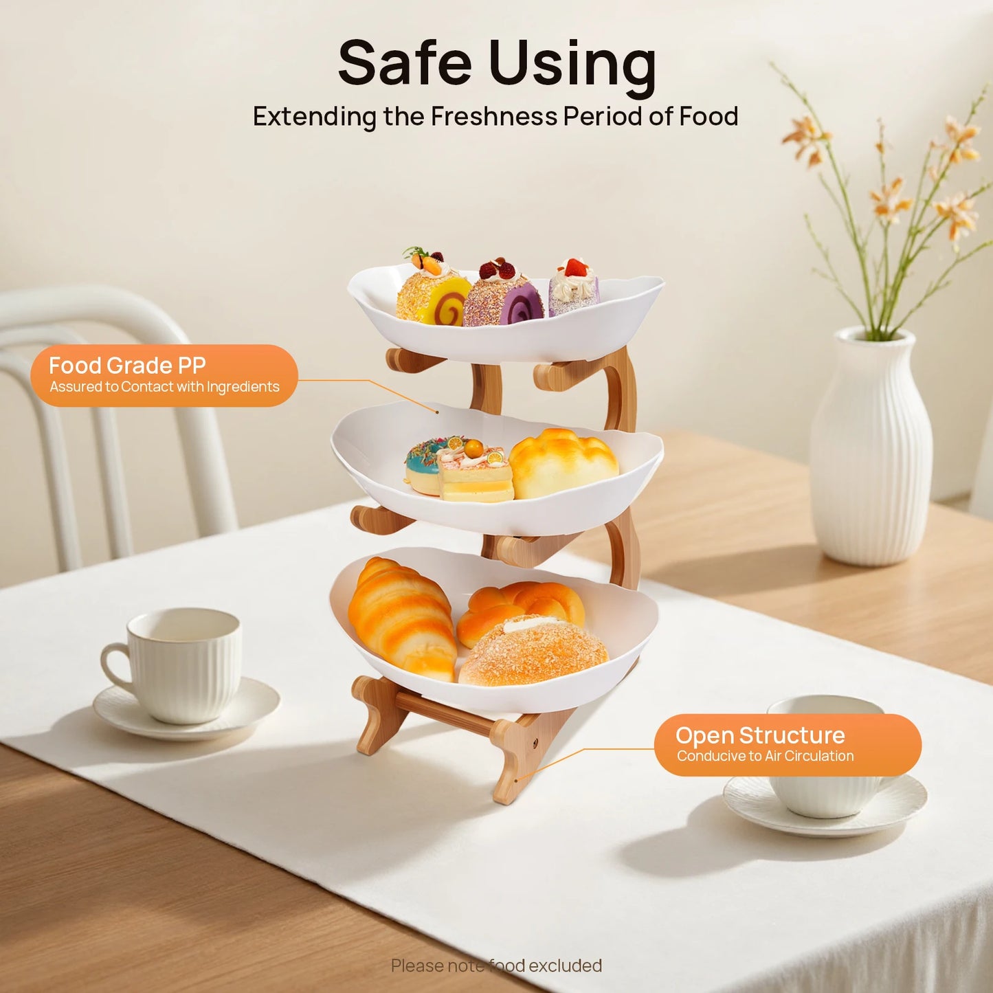 Three Tier Fruit Plate Stand With Bamboo Wood Base Dessert Tray
