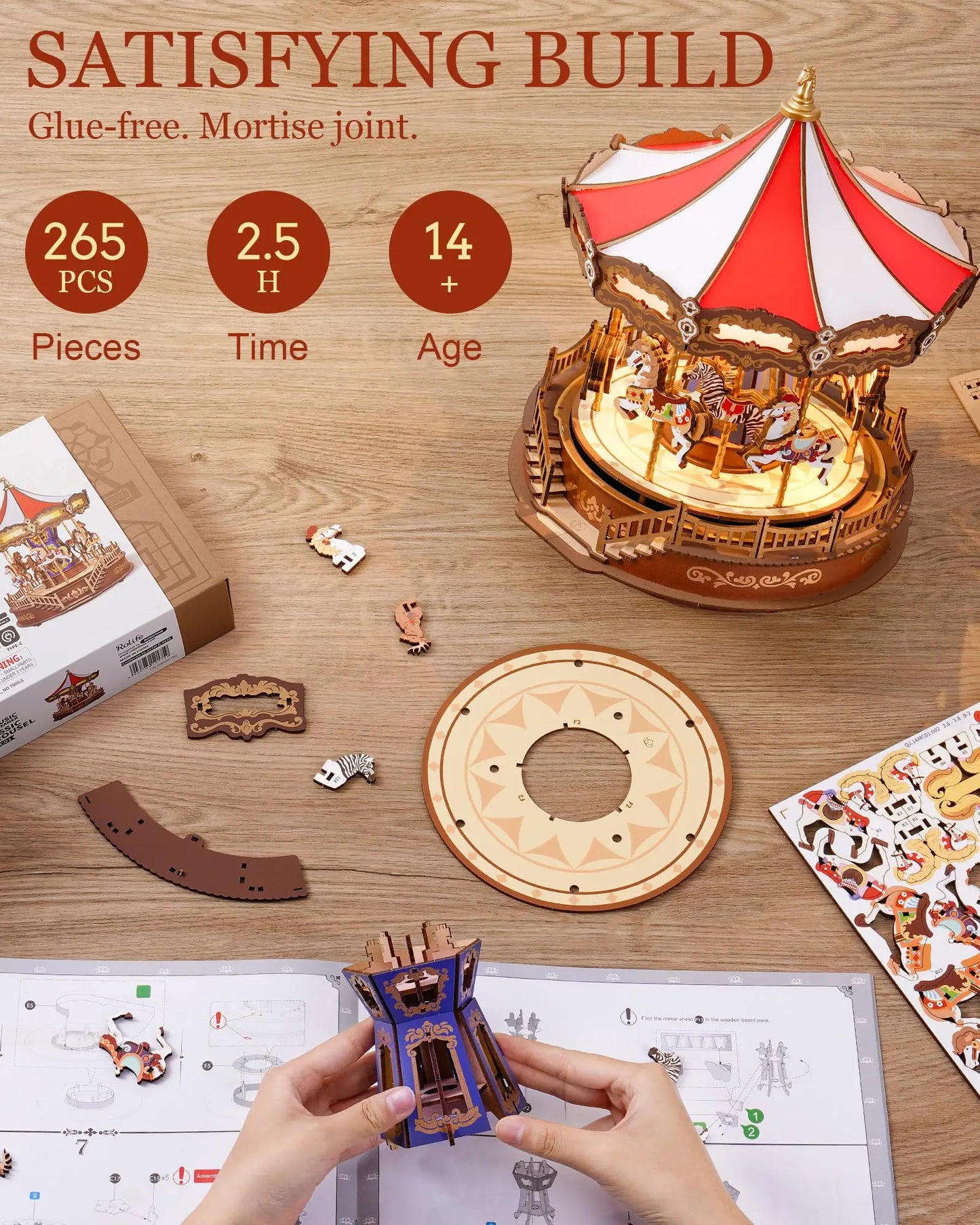 Robotime Rolife Classic Carousel Music Box 3D Wooden Puzzle