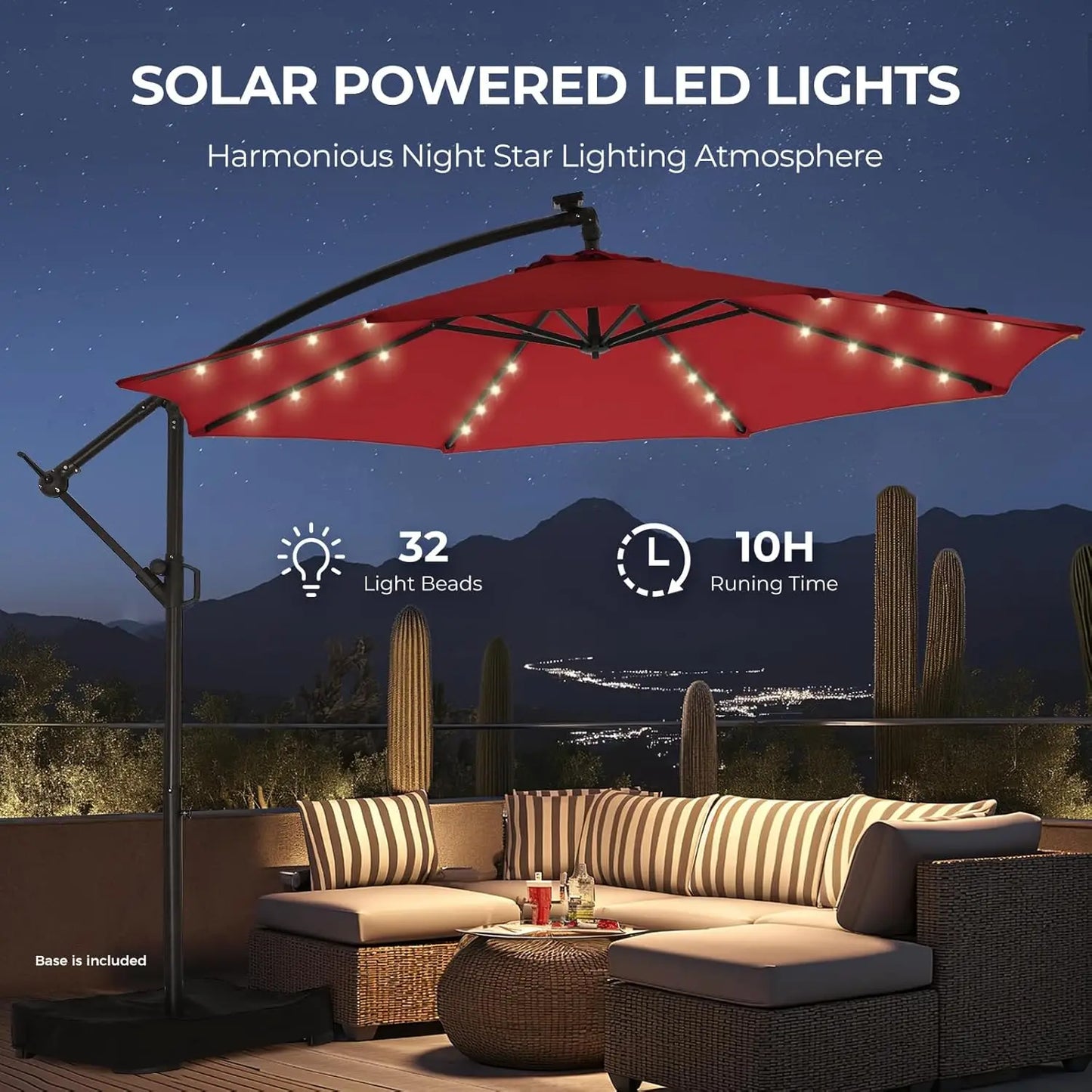 Solar Powered Offset Cantilever Umbrella With LED Lights And Base