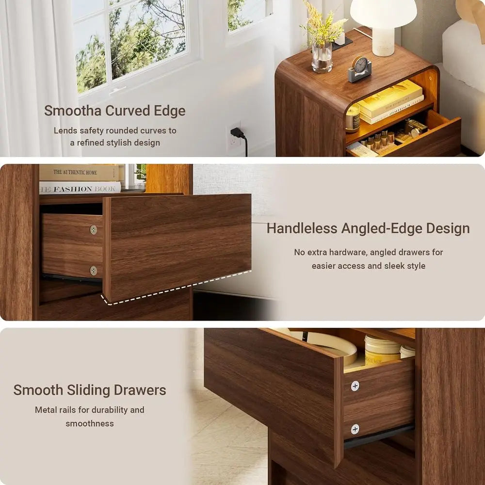 Nightstand With Charging Station And LED Light Two Drawers