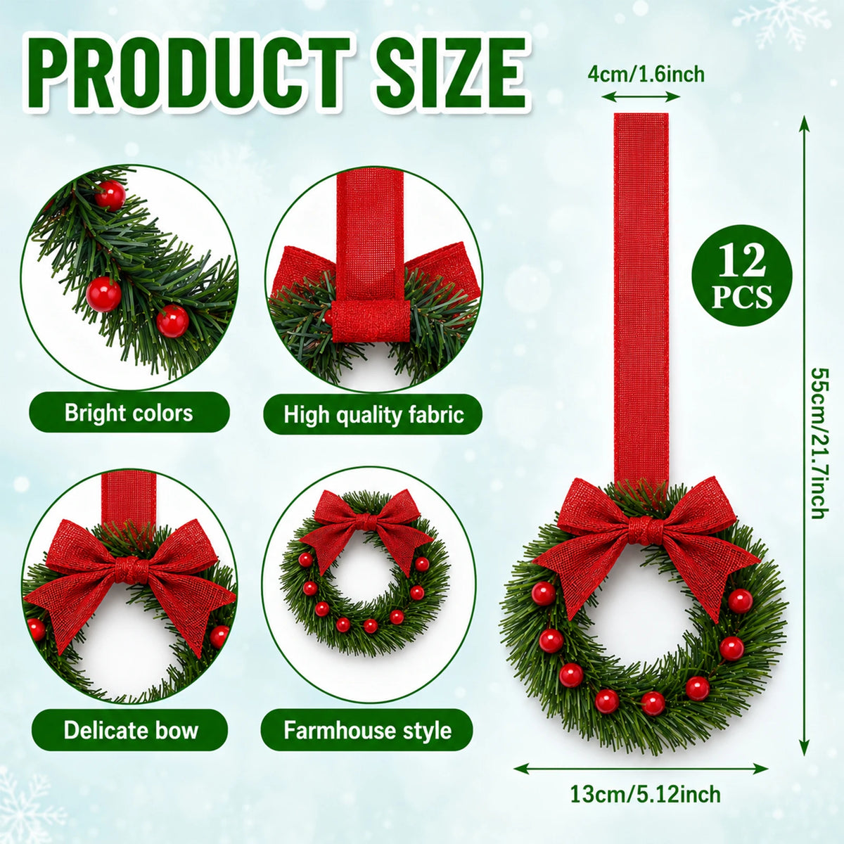HiMISS Mini Christmas Wreaths With Bows For Cabinet Holiday Decor