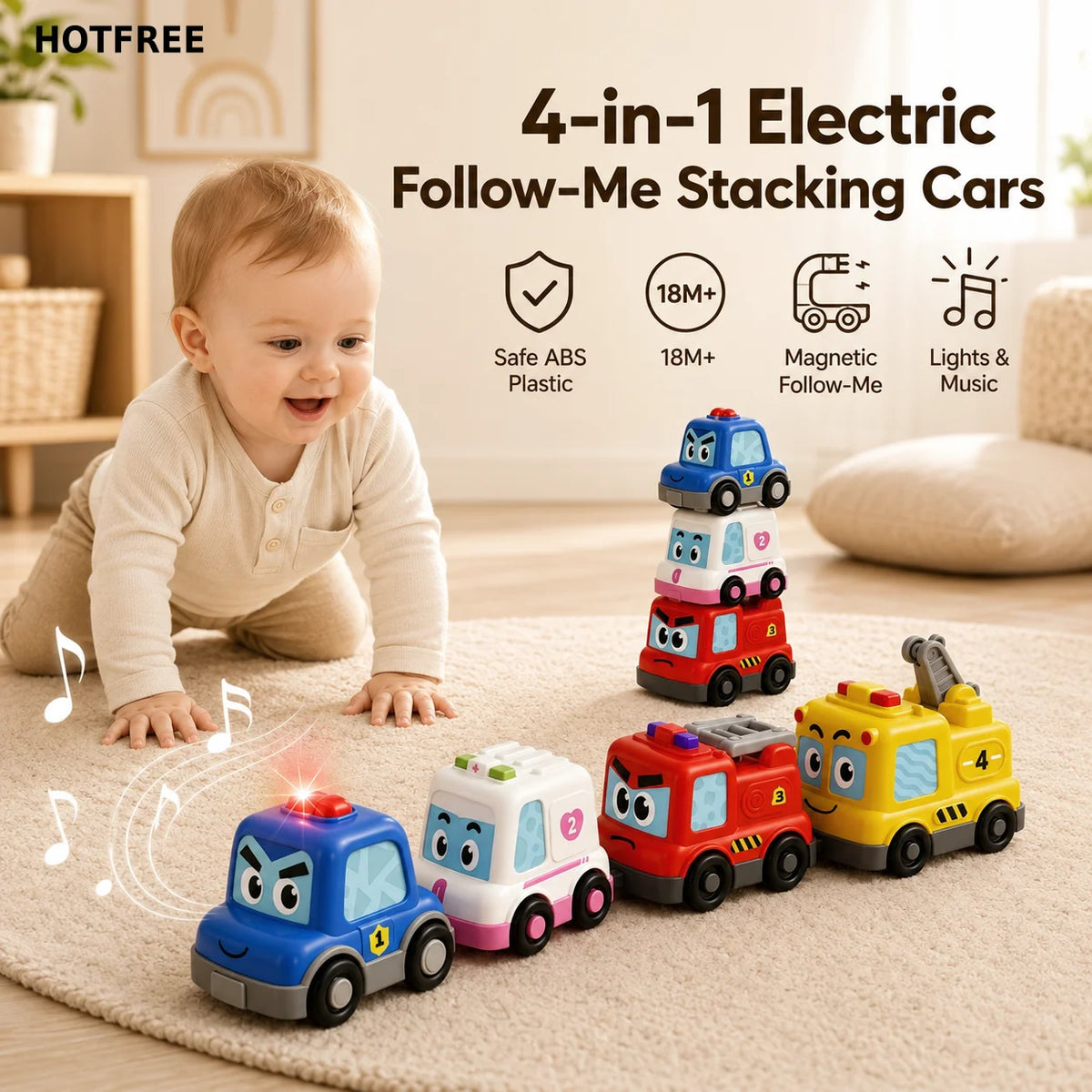 Montessori 4 In 1 Toy Cars Set With Illuminated Lights