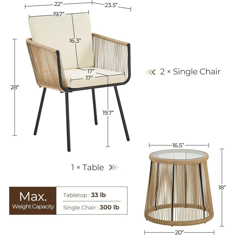 Outdoor PE Wicker ThreePiece Bistro Set With Glass Table Cushions