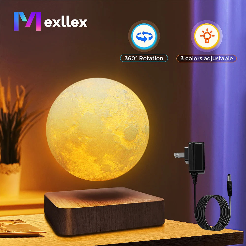 Mexllex Magnetic Floating Rotating Moon Lamp Wooden Base LED Light