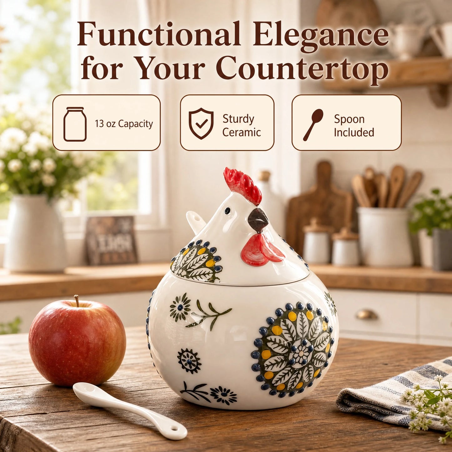 Ceramic Salt Cellar With Lid And Spoon Farmhouse Chicken Design