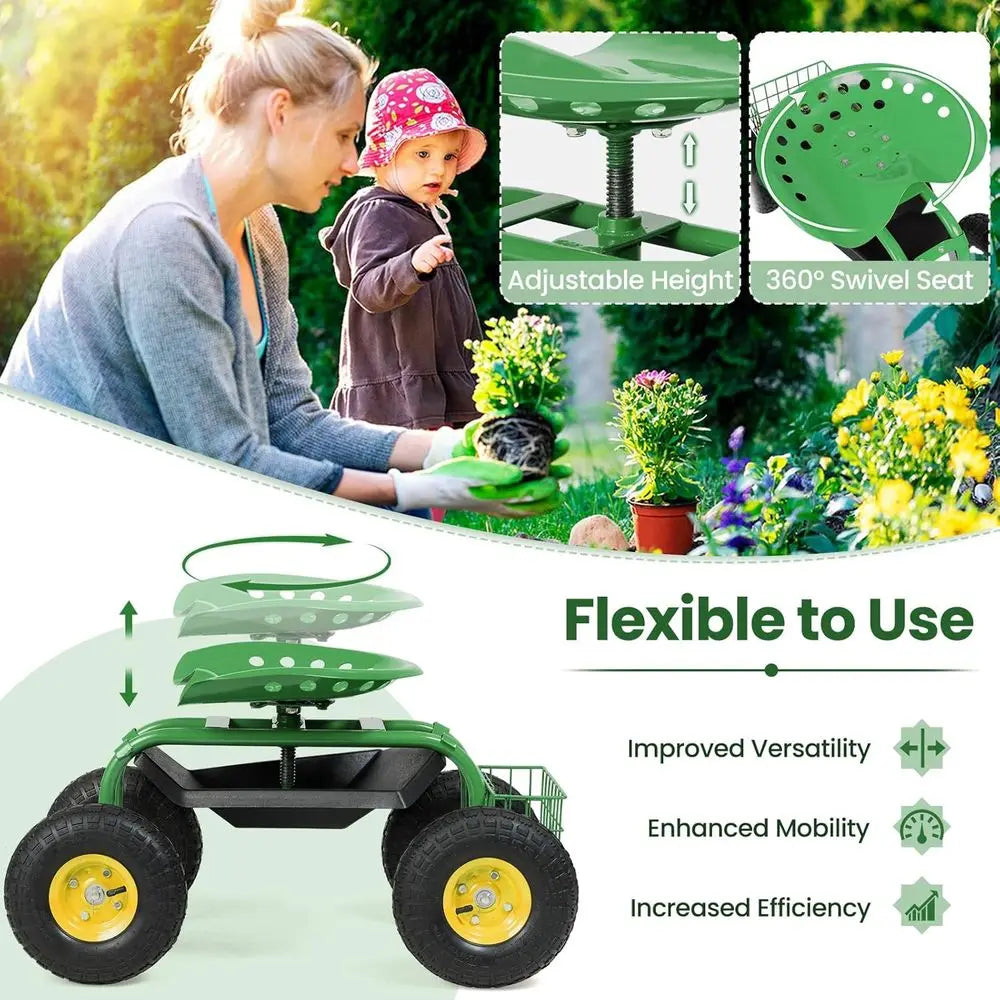 Adjustable Swivel Seat Rolling Garden Cart With Tool Tray And Basket Heavy Duty