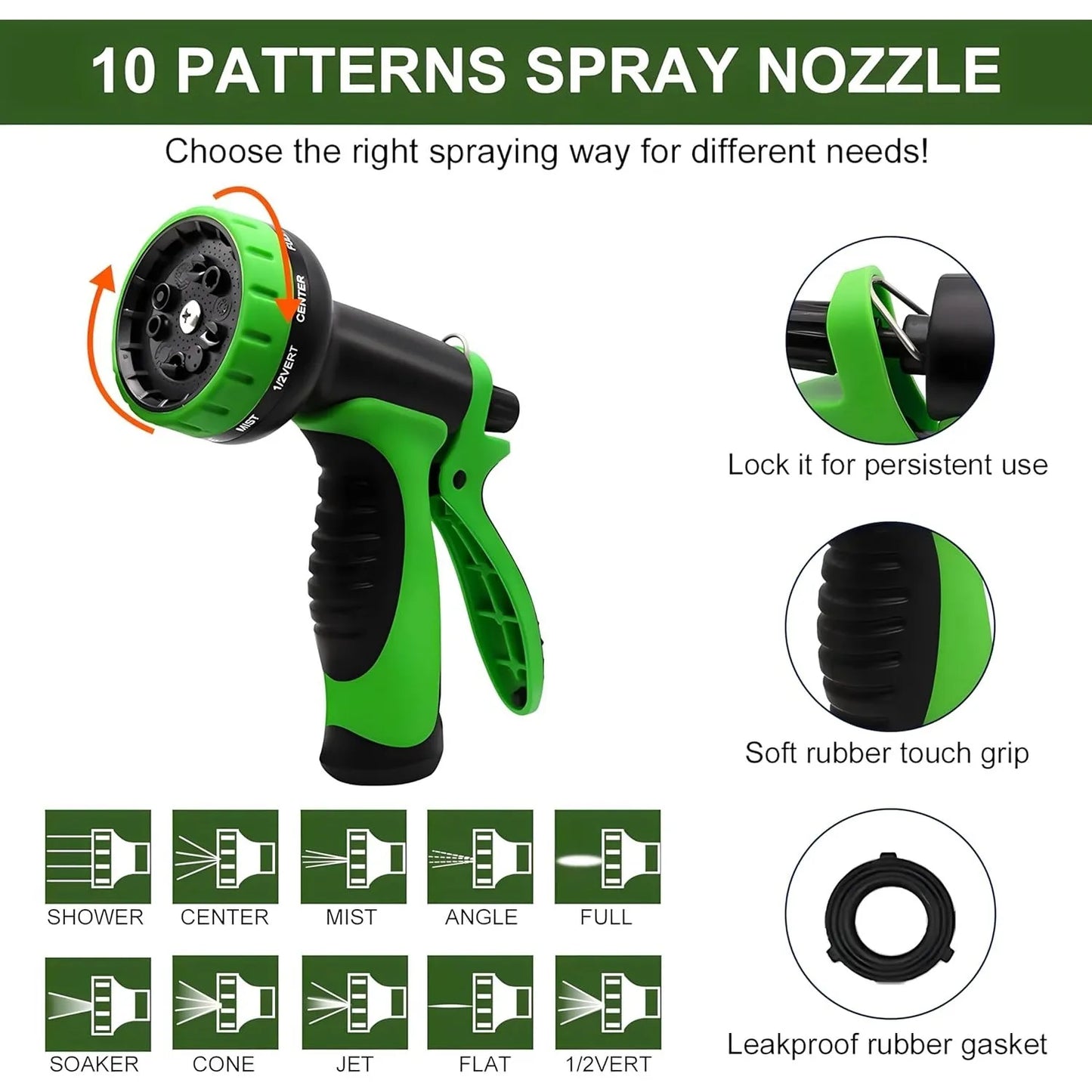 Non Expandable Garden Hose With 10 Function Nozzles Flexible Lightweight