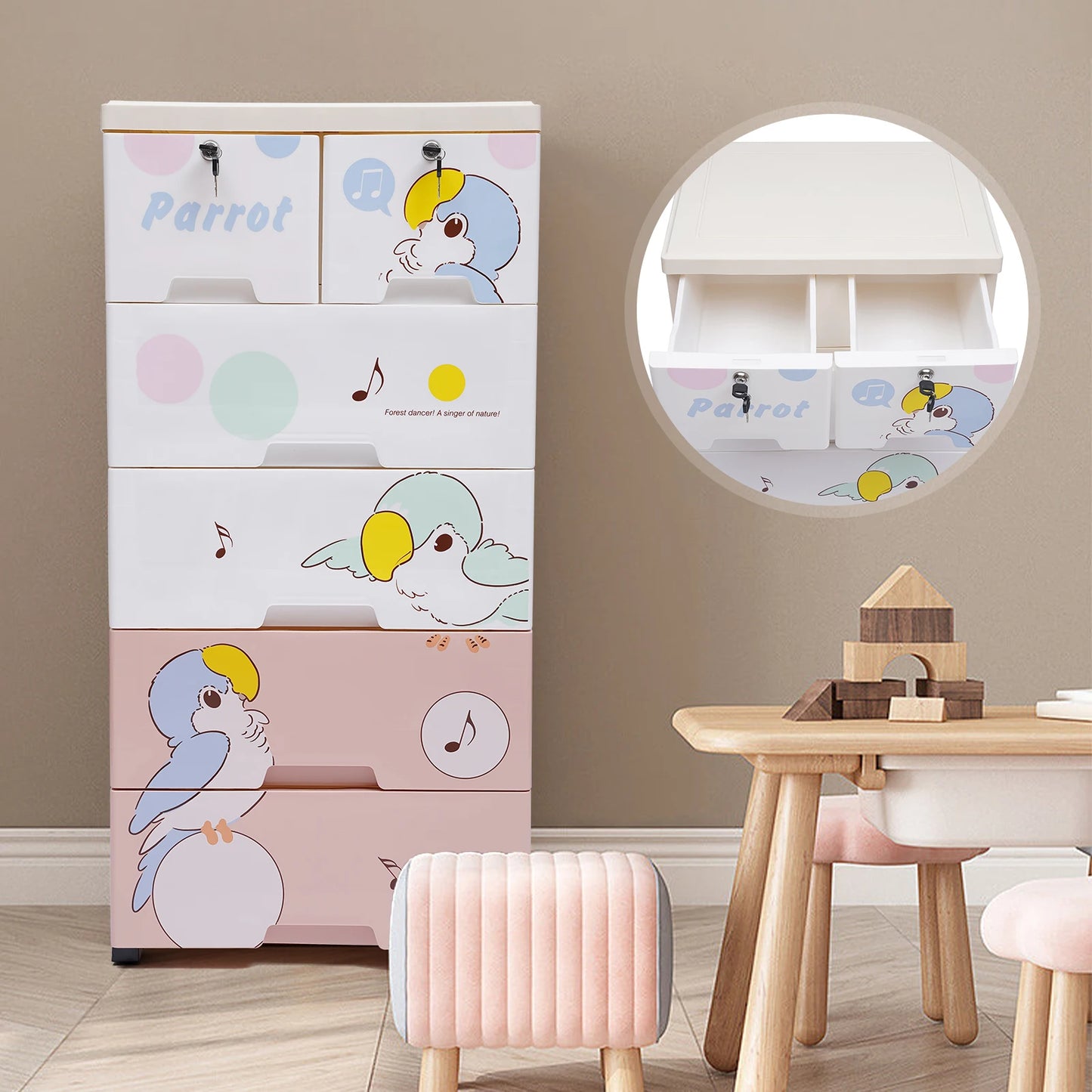 Modern Rolling Parrot Plastic Dresser Storage Cabinet 6 Drawer Organizer