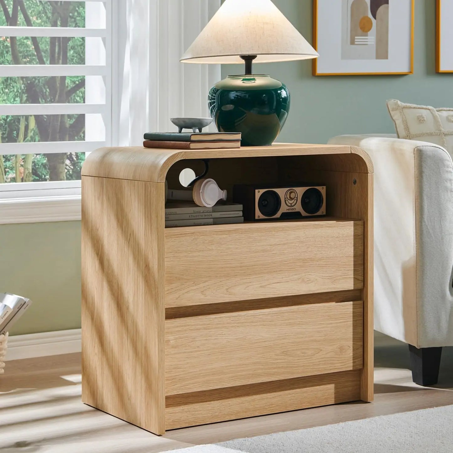 Wooden Nightstand With Charging Station And Two Storage Drawers
