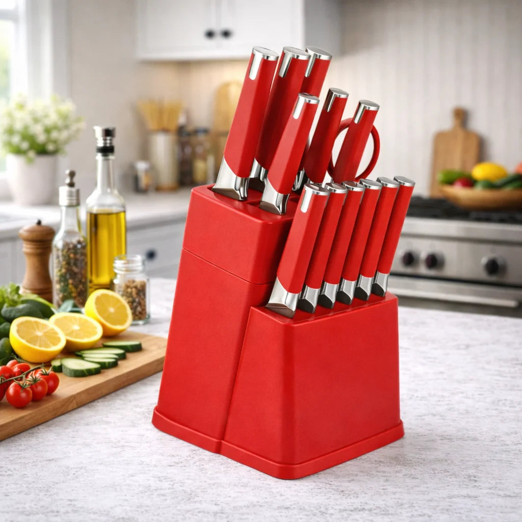 Professional Kitchen Knife Block Set With 6 Steak Knives Nonstick