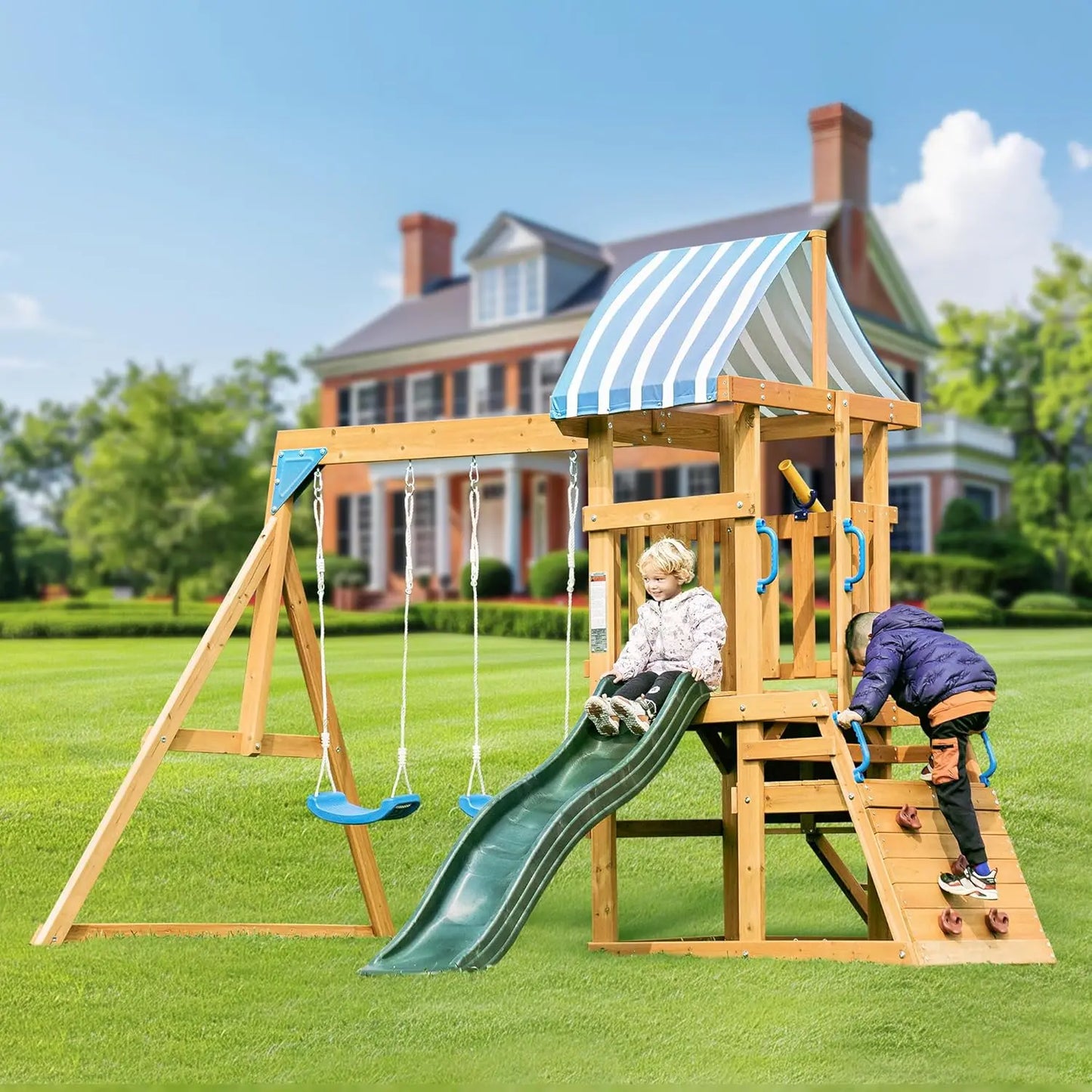 Rolife Robud Wooden Swing Set With Dual Swings Slide Fort