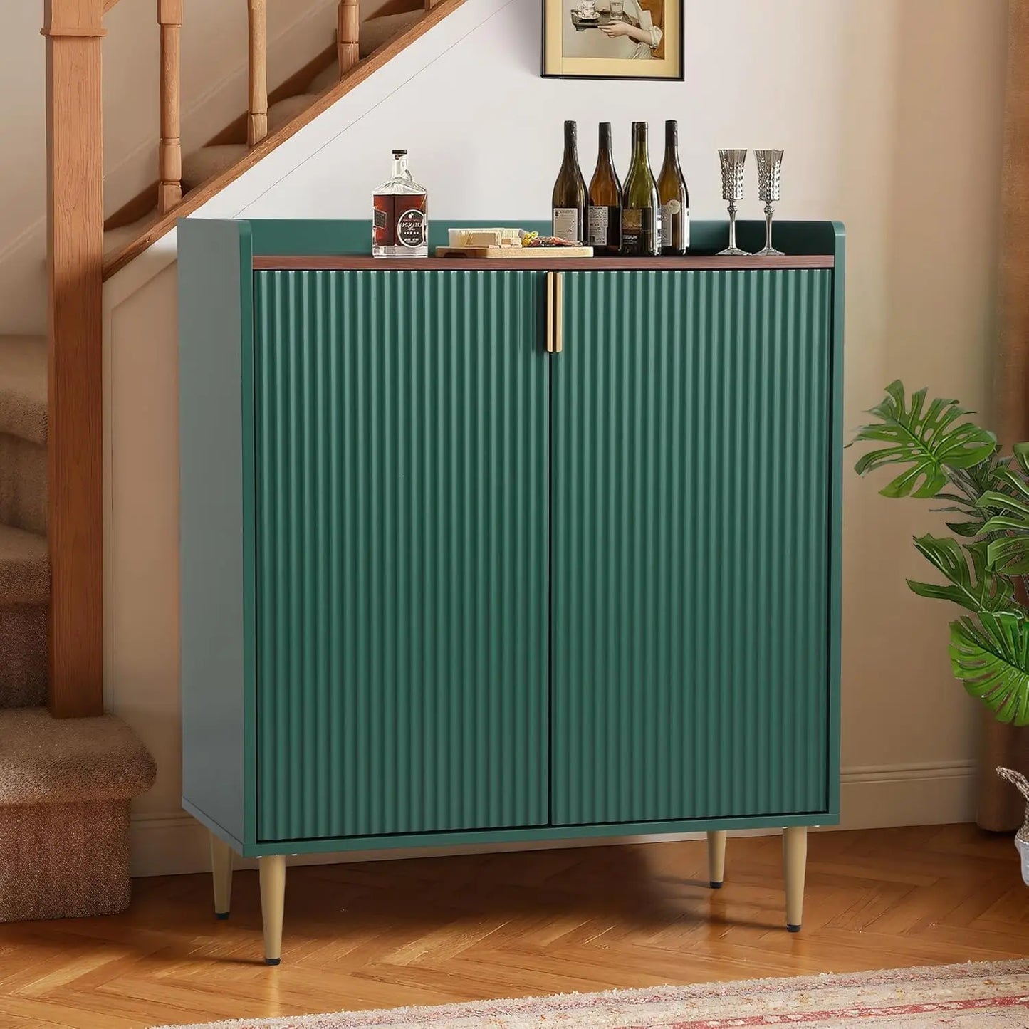 Wood Bar Cabinet With Wine Rack And Fluted Glass Holders