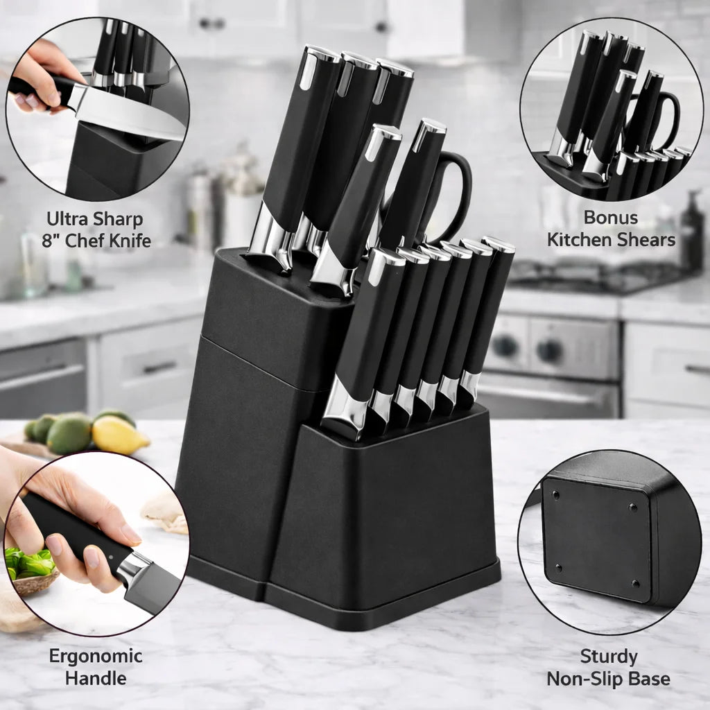Professional Kitchen Knife Block Set With 6 Steak Knives Nonstick