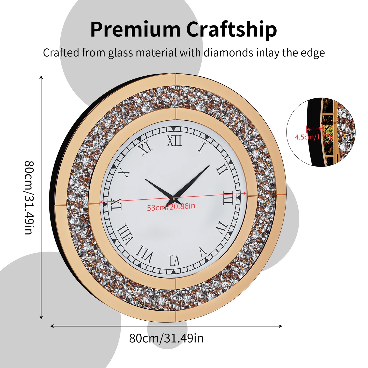 Round Mirror Clock With Crystal Sparkle Mirrored Wall Decor