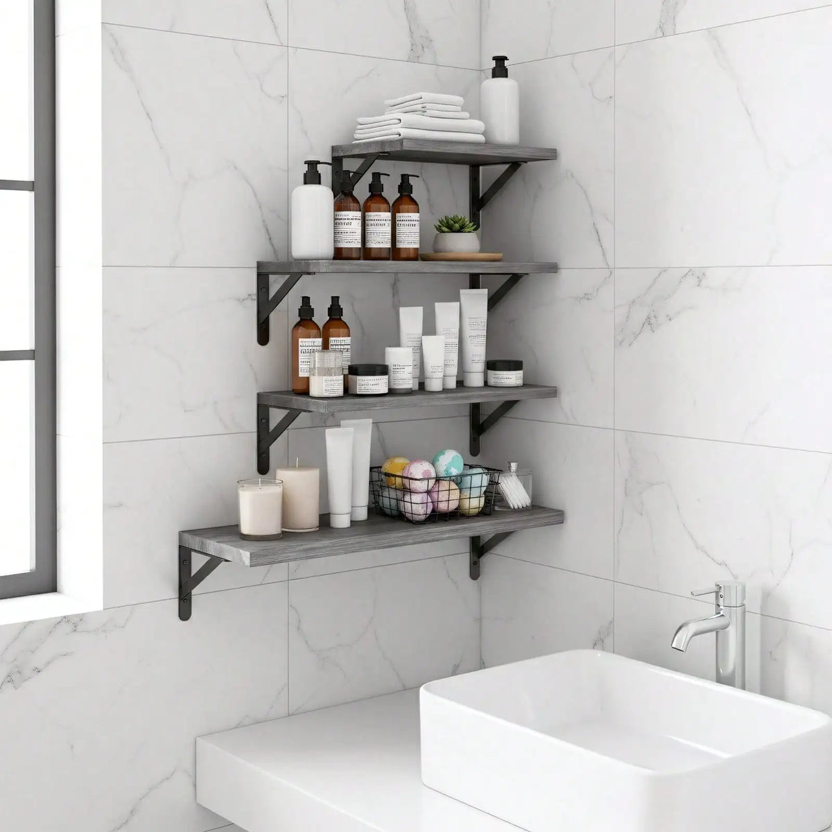 Rustic Farmhouse Floating Wall Shelves With Black Metal Brackets