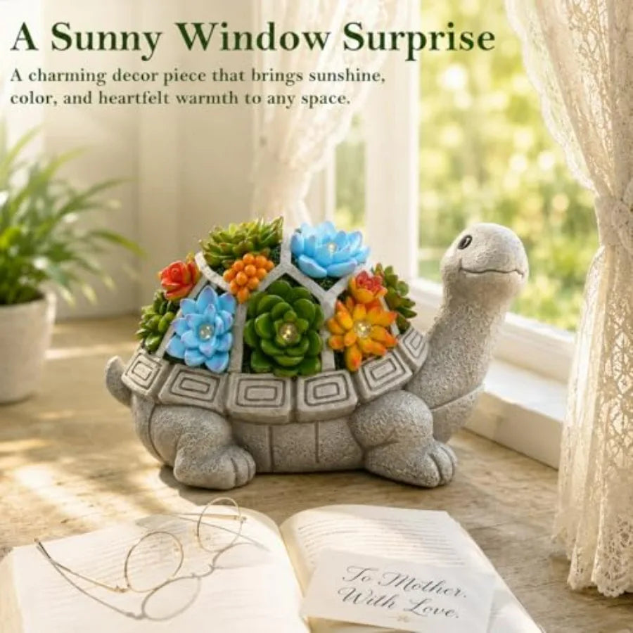 Solar Turtle Garden Statue With Succulent And 7 LED Lights
