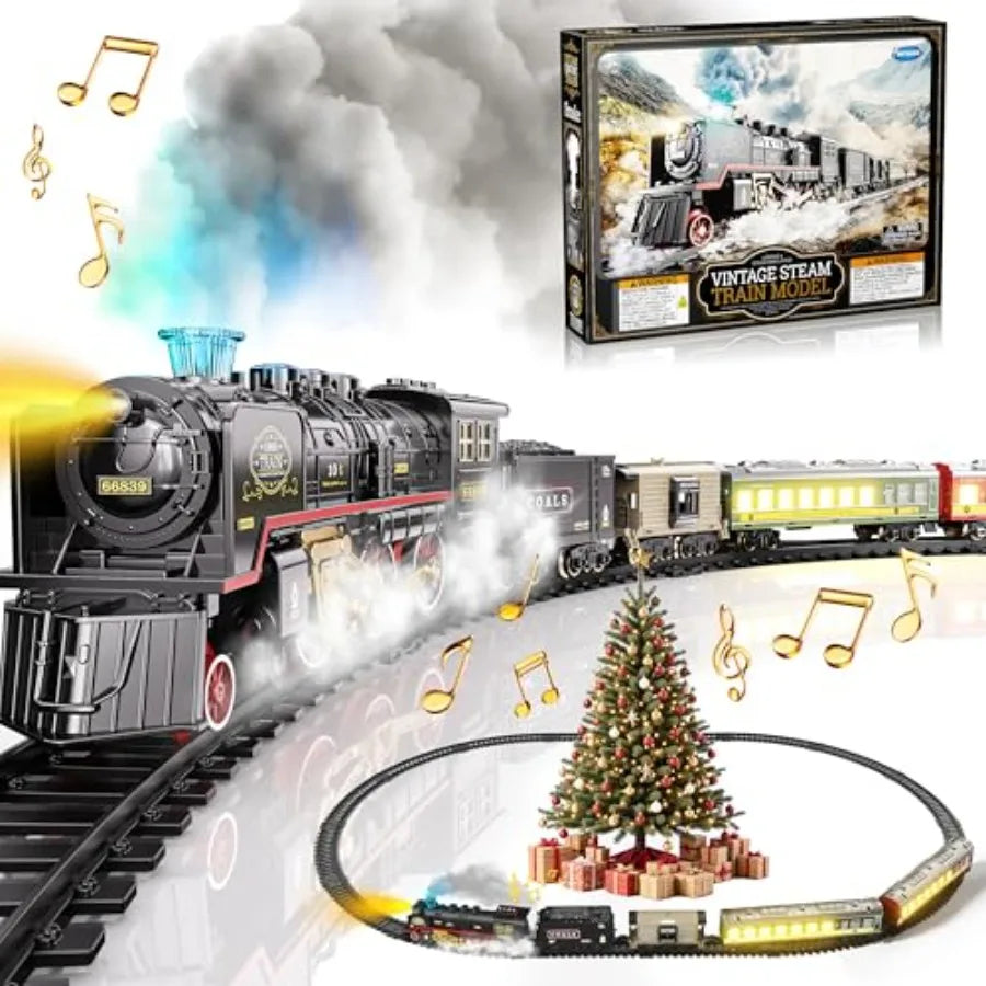OLOEY Electric Steam Train Set With Glowing Carriages Realistic Smoke